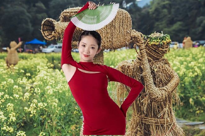 华丽的长裙，也不好作激烈的动作。所以两人在原地，随意蹦跳两下，意思到位了就行。